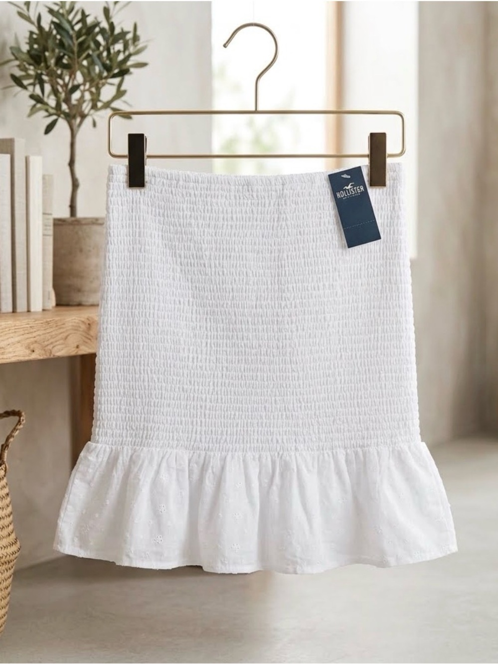 Hollister White Smocked A-Line Skirt with Ruffle Hem